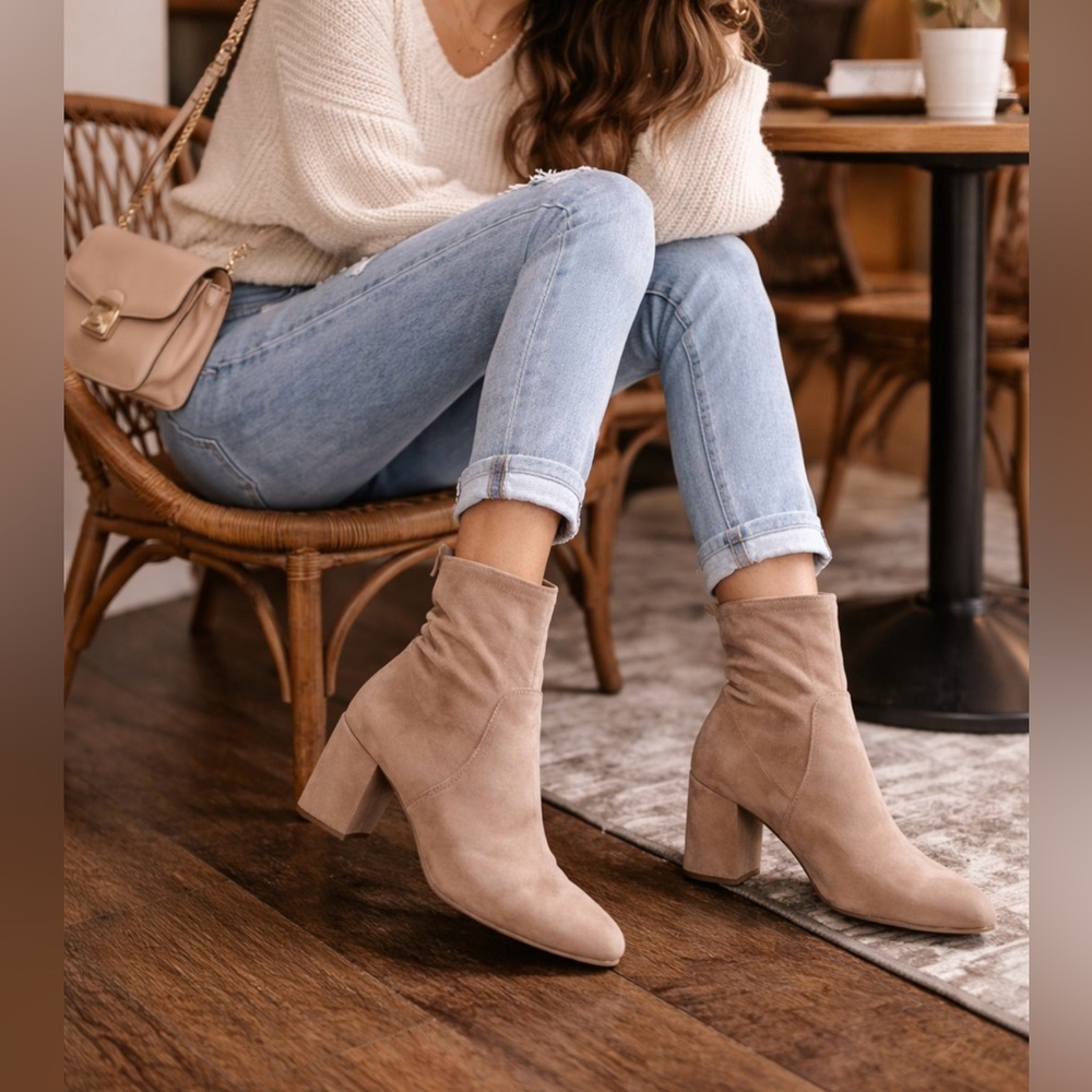 ✨ Taupe Suede Block Heel Ankle Booties‎ Womens Size 6.5 Chic & Versatile ✨